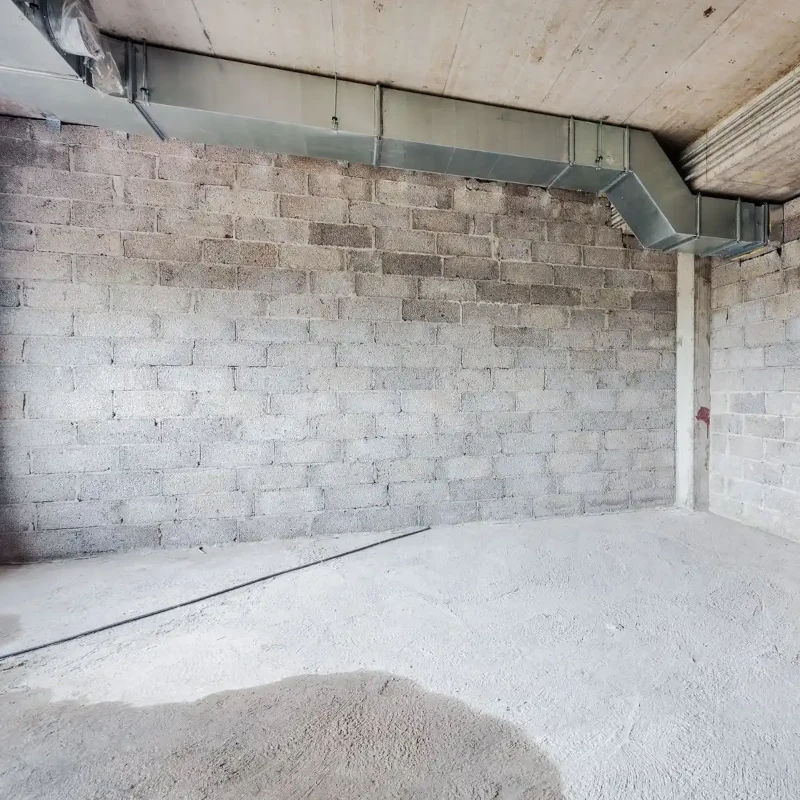 Leerer Kellerraum mit Betonboden, Ziegelwand und Lüftungsrohr an Decke
